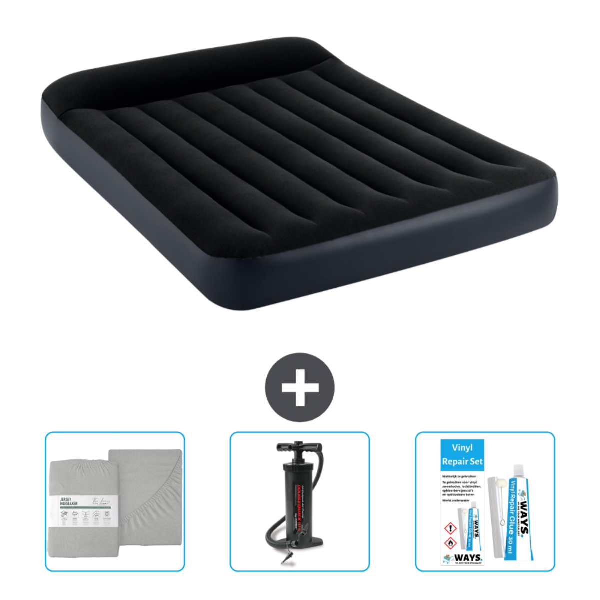 Matelas gonflable noir, ensemble de draps gris, une pompe et un kit de réparation.