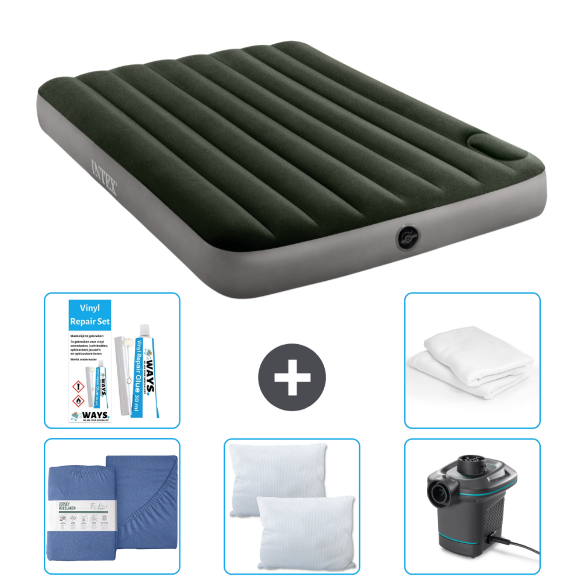 Donkergroene opblaasbare matras met lakens, kussens, pomp en reparatieset. Zes items zijn zichtbaar.
