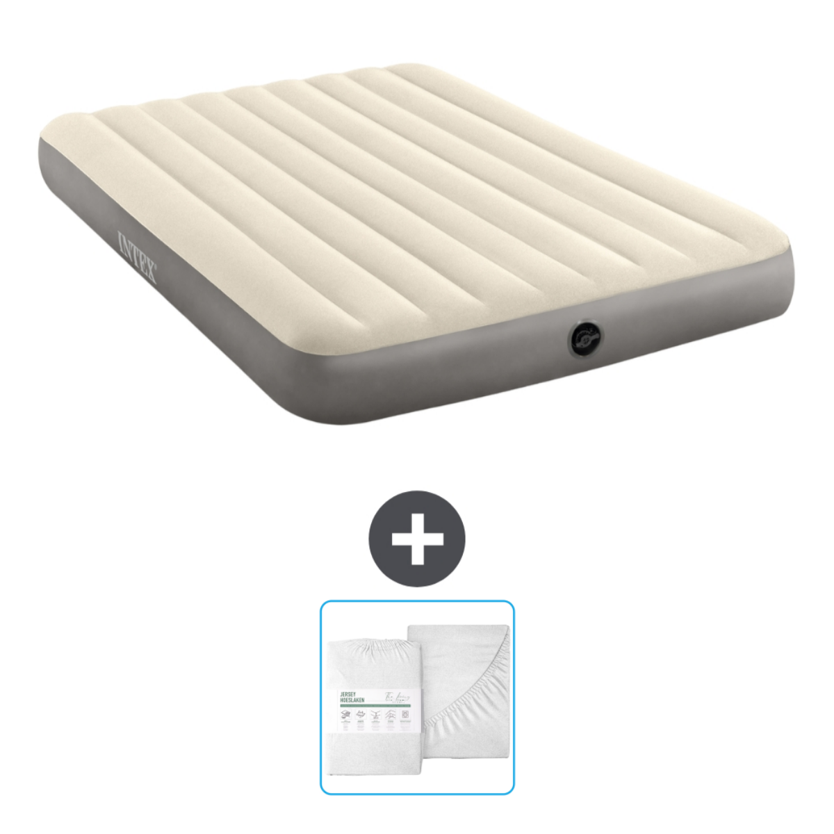 Beige luchtbed met grijze basis, en een lakenset.