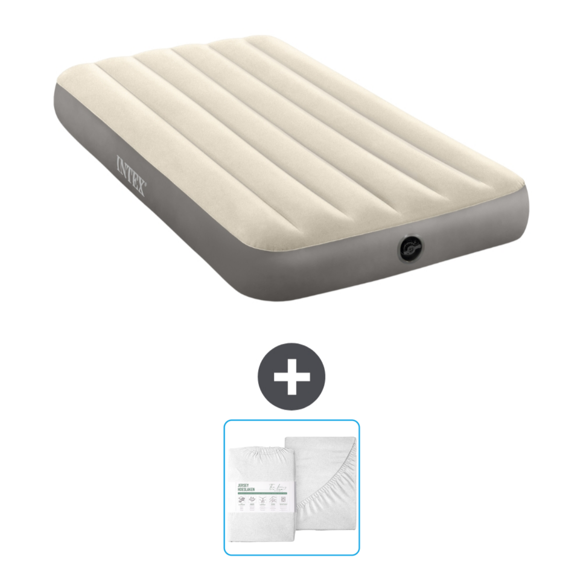Opblaasbed, beige en grijs, met lakens. Intex logo op het bed.