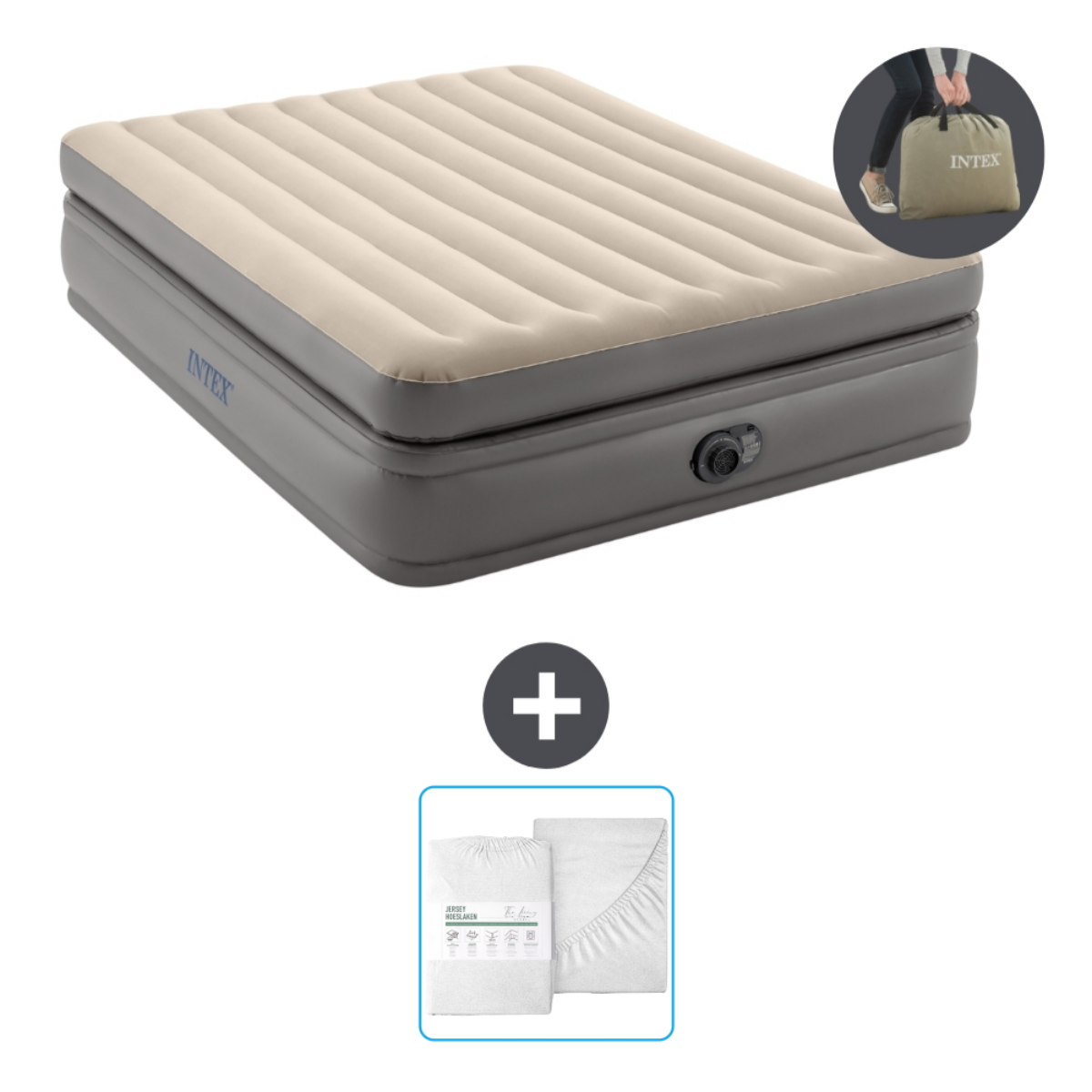 Opblaasbaar bed met accessoires. Bed, reparatieset en lakens. Er is een draagtas aanwezig.