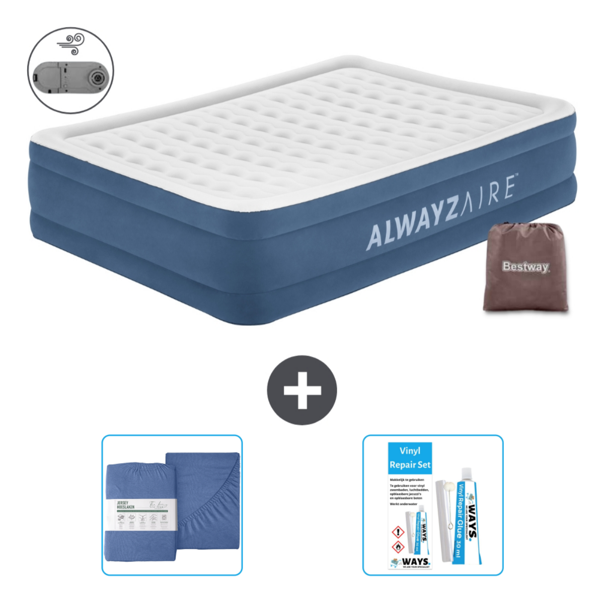Blauw opblaasbaar bed met een pomp, lakens en reparatieset. Een plusteken is inbegrepen.