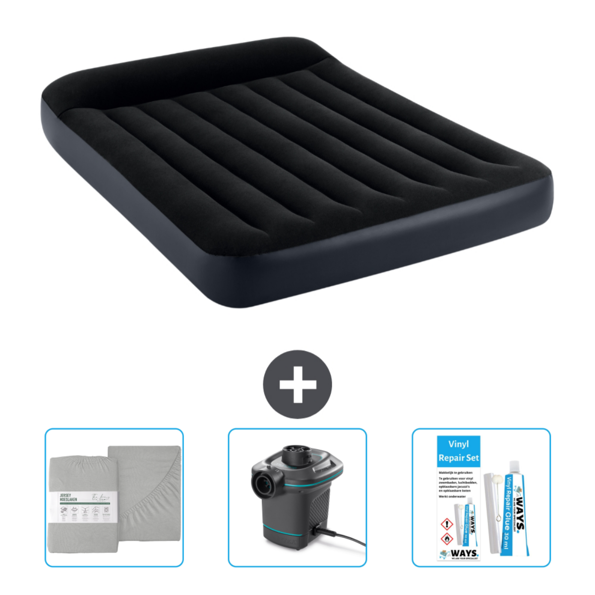 Matelas gonflable noir avec accessoires. Un signe plus indique une combinaison. Comprend un drap, une pompe et un kit de réparation.