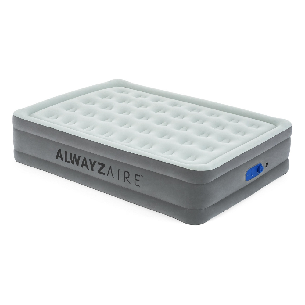 Grijs opblaasmatras, merk AlwaysAire, met een witte bovenkant, op een witte achtergrond.