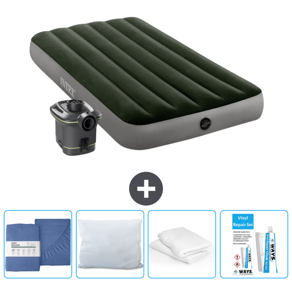 Matelas gonflable vert foncé avec accessoires. Comprend une pompe, des draps bleus, un oreiller et un kit de réparation.
