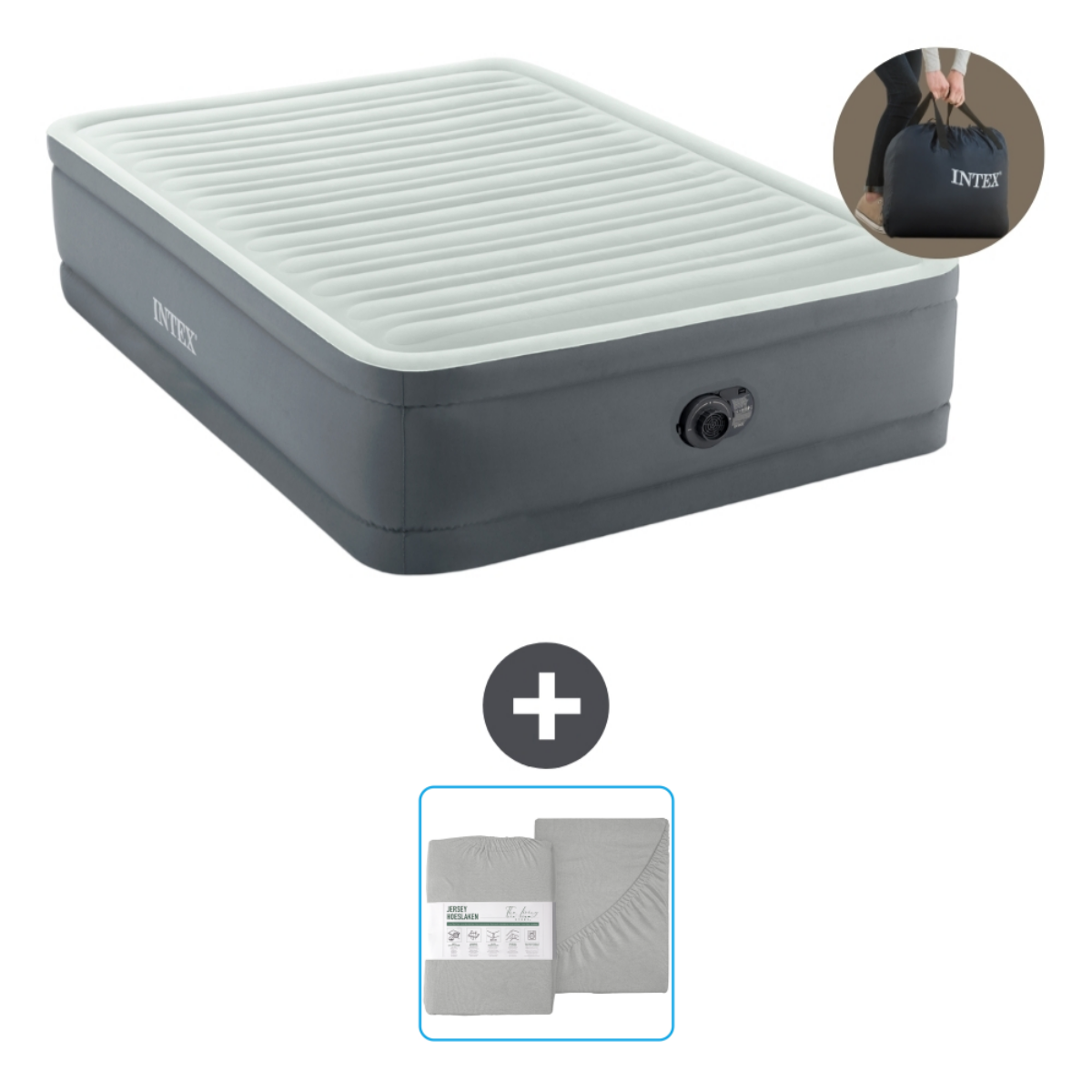 Grijs en wit opblaasbed met lakens en een tas. De tas zegt INTEX.