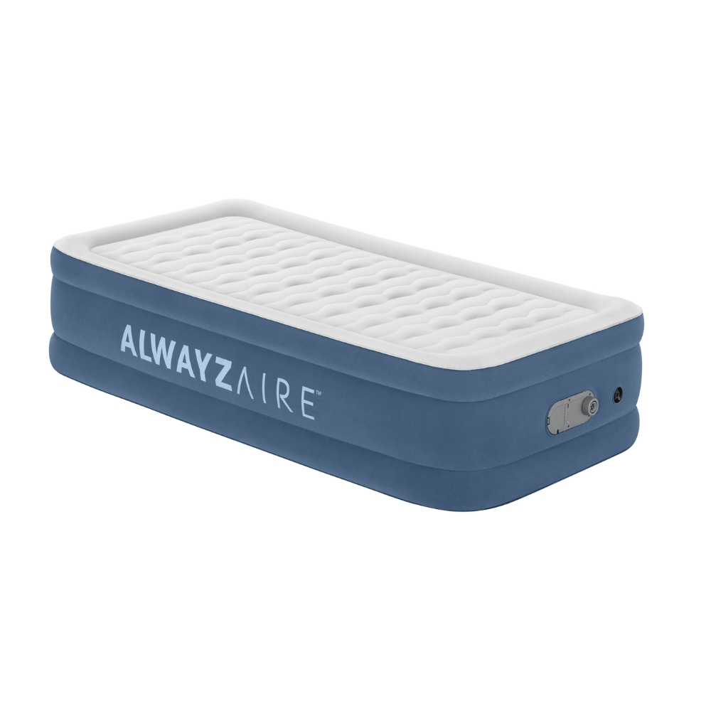 Blauw en wit AlwaysAire opblaasmatras op een witte achtergrond.
