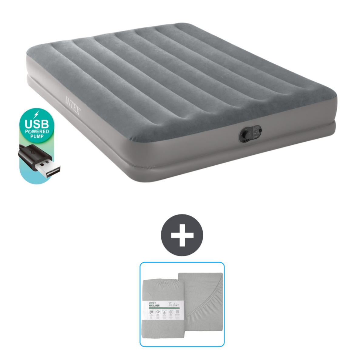 Matelas pneumatique gris avec draps gris et une pompe USB. Inclut le signe plus.
