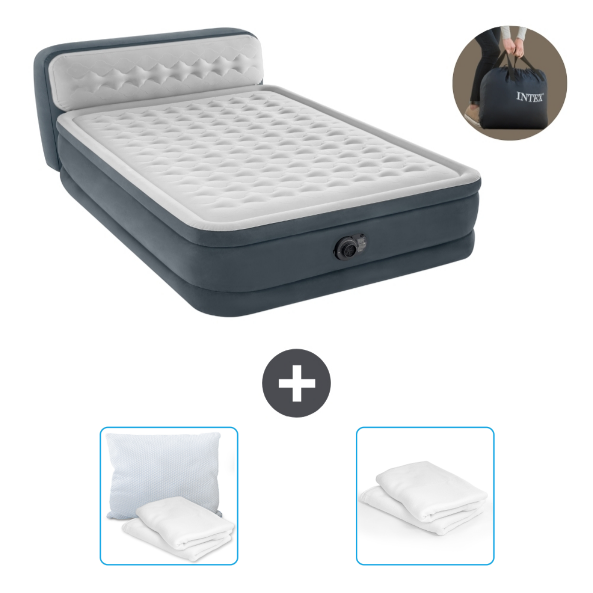 Matelas gonflable gris avec draps, oreillers et kit de réparation. Personne tenant un sac.