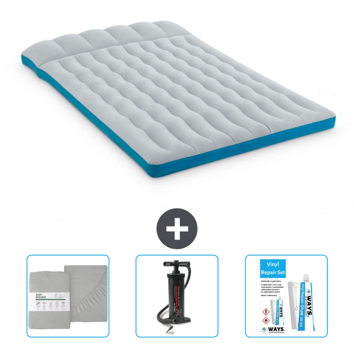 Grijze luchtmatras met blauwe rand, beddengoedset en reparatieset. Witte achtergrond.