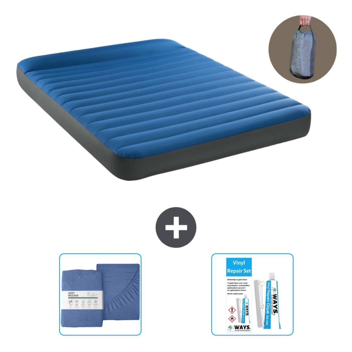 Een blauw opblaasbaar matras met een grijze rand, een blauwe lakenset en een reparatieset.