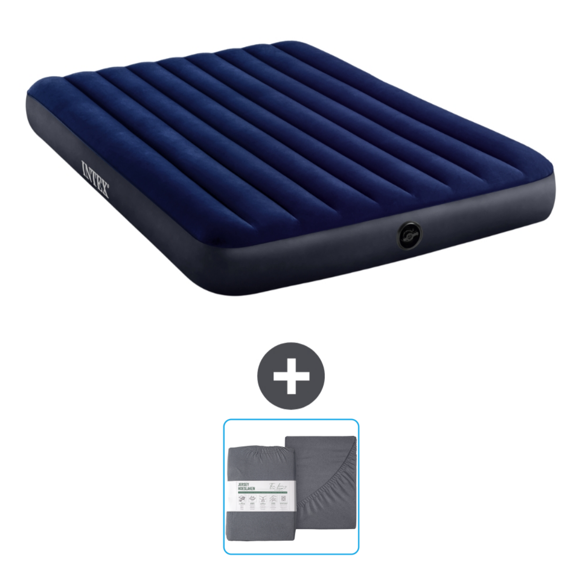 Un lit gonflable bleu avec un ensemble de draps. Le lit affiche le logo Intex. Un signe plus indique des articles.
