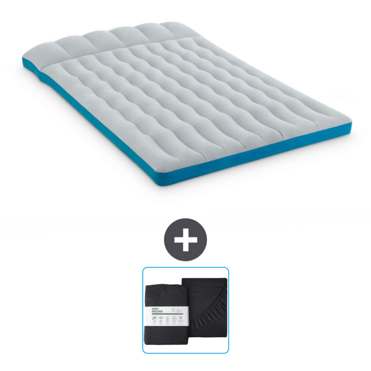 Grijs en blauw luchtmatras met zwarte lakens. Inclusief het plus teken.