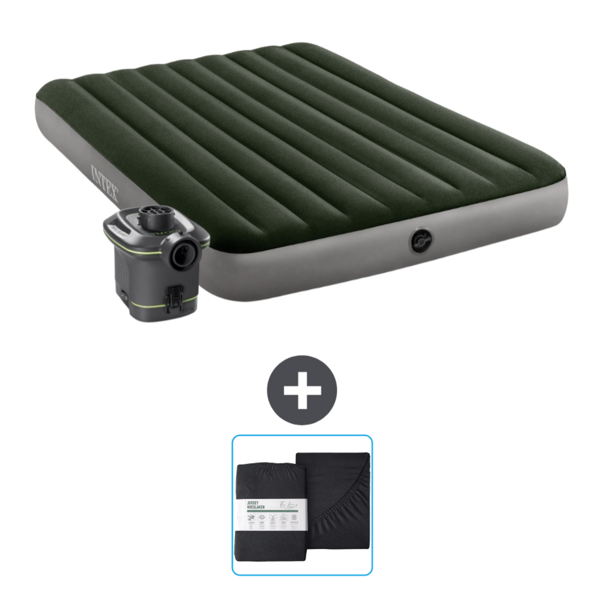 Matelas gonflable avec pompe électrique et ensemble de draps. Couleurs: vert foncé, gris et noir.