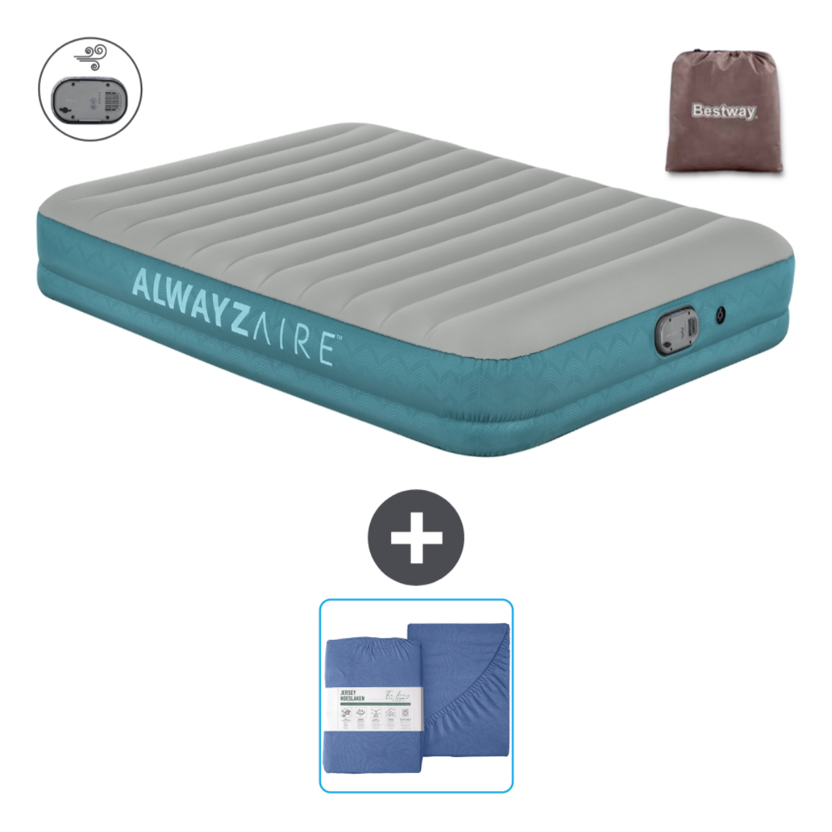 Matelas gonflable gris-bleu, draps bleus et un sac marron.