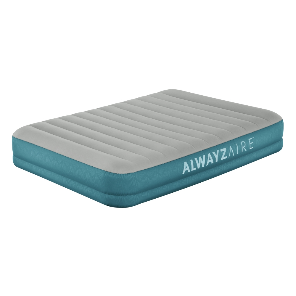 Een grijs en blauw luchtbed. De woorden ALWAYS AIRE zijn zichtbaar aan de zijkant.