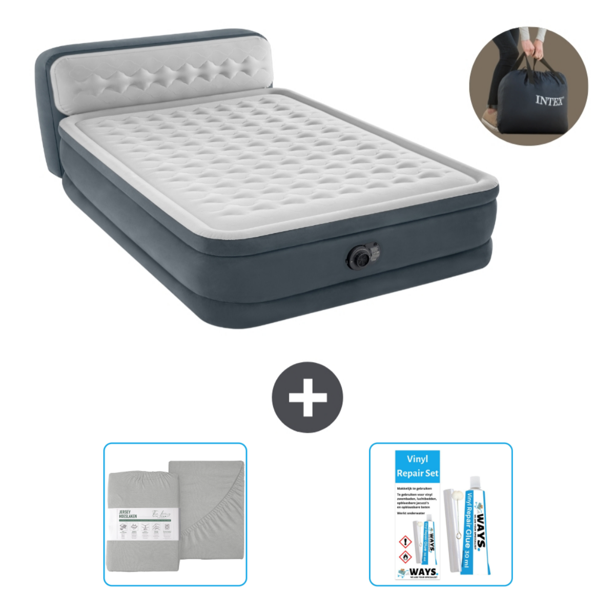 Een grijs opblaasbed met hoofdbord, een lakenpakket en een reparatieset. Het bed heeft een ingebouwde pomp. Plus.