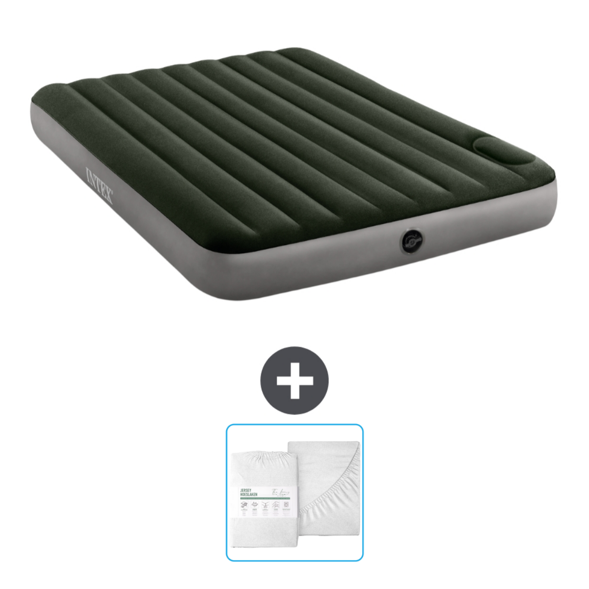 Un lit gonflable vert avec un ensemble de draps. Le lit affiche le logo Intex. Un signe plus indique des articles.
