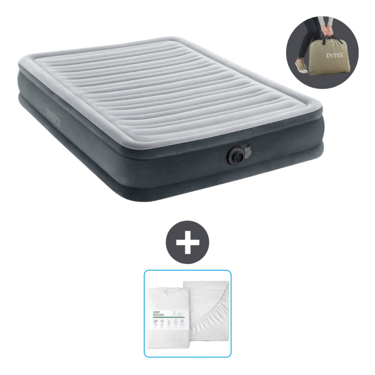 Lit gonflable gris avec draps et sac de transport. Un signe plus est inclus.