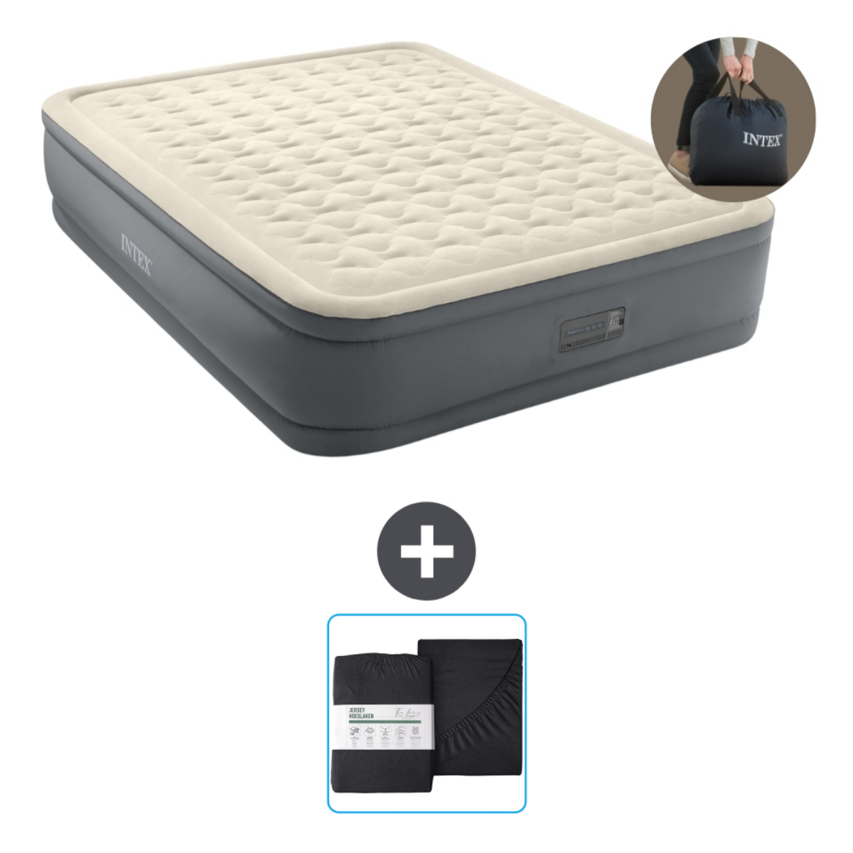 Matelas gonflable, dessus beige avec bordures gris foncé, plus ensemble de draps noirs.