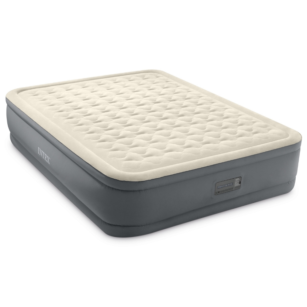 Un matelas gonflable avec une base grise et un dessus beige. La marque Intex est visible.