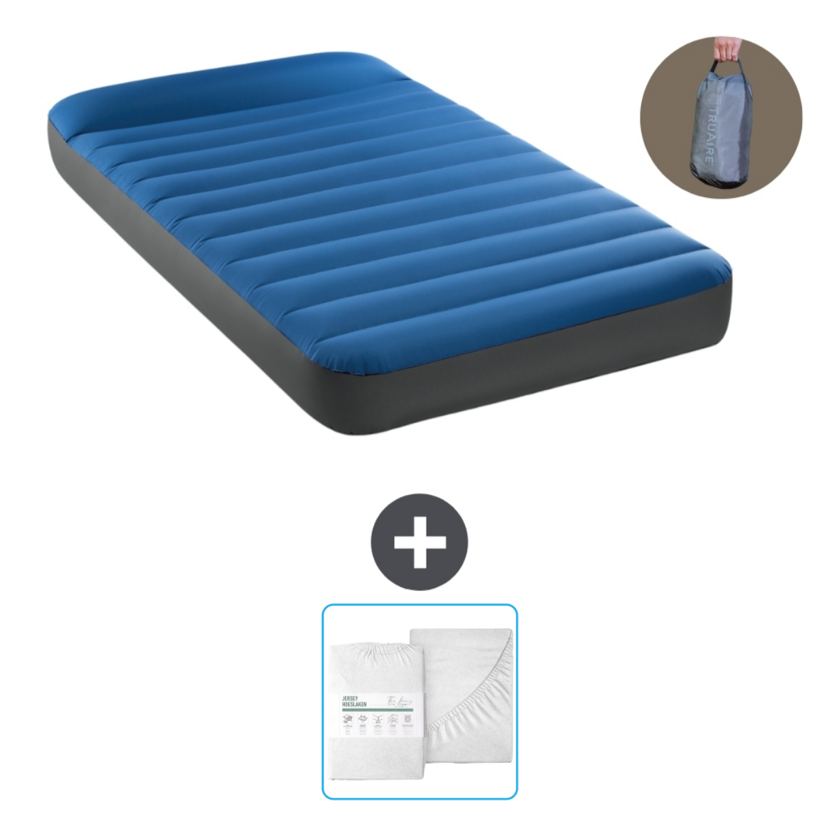 Blauw opblaasbaar bed met lakens en draagtas. Een plusteken is inbegrepen.
