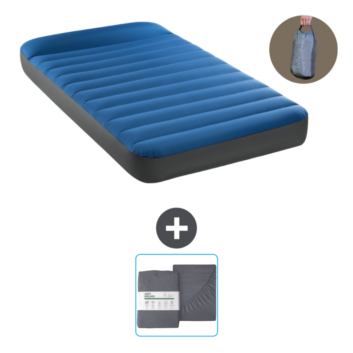 Matelas gonflable bleu avec sac de transport et draps. Fond blanc.