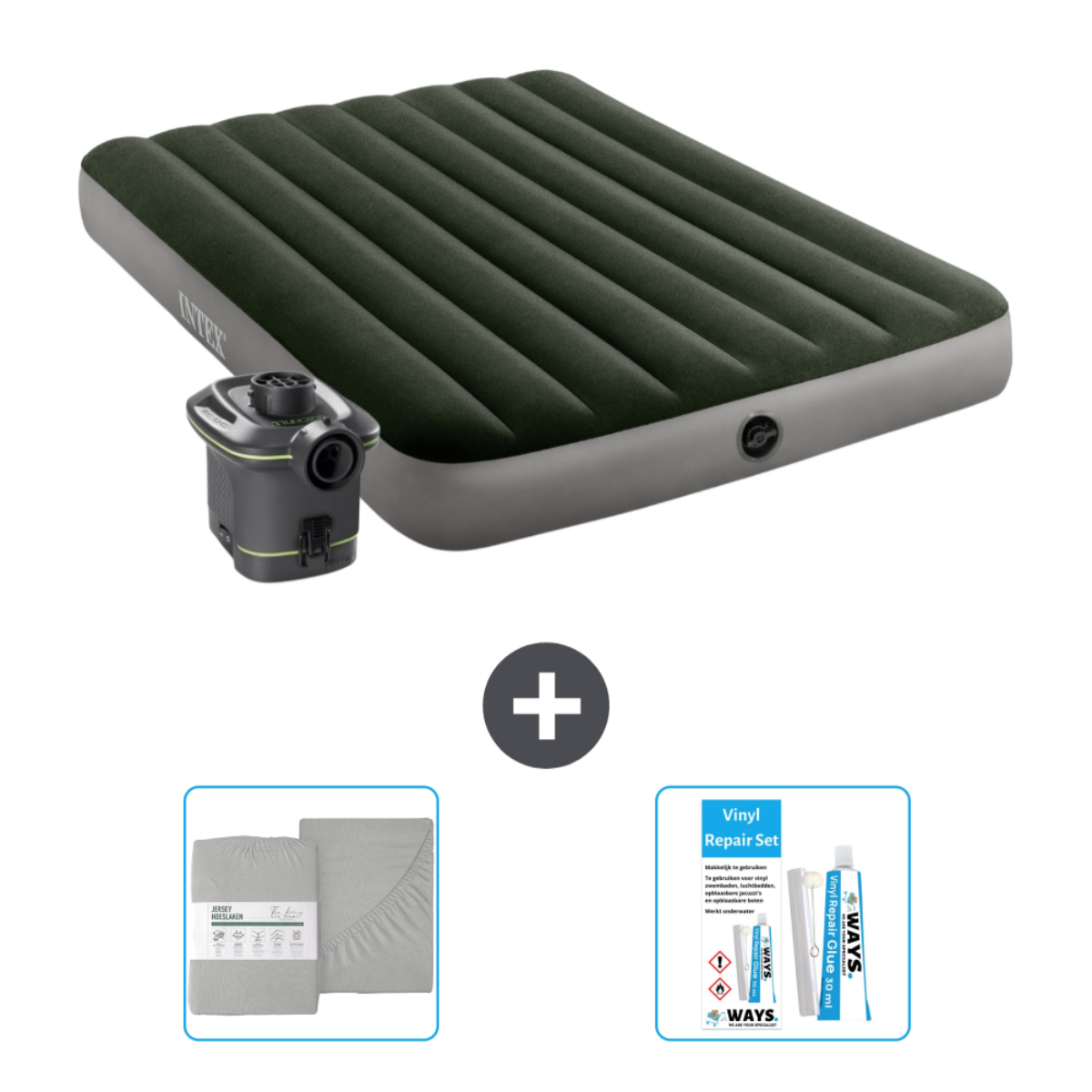 Matelas pneumatique vert foncé avec draps gris, une pompe électrique et kit de réparation.