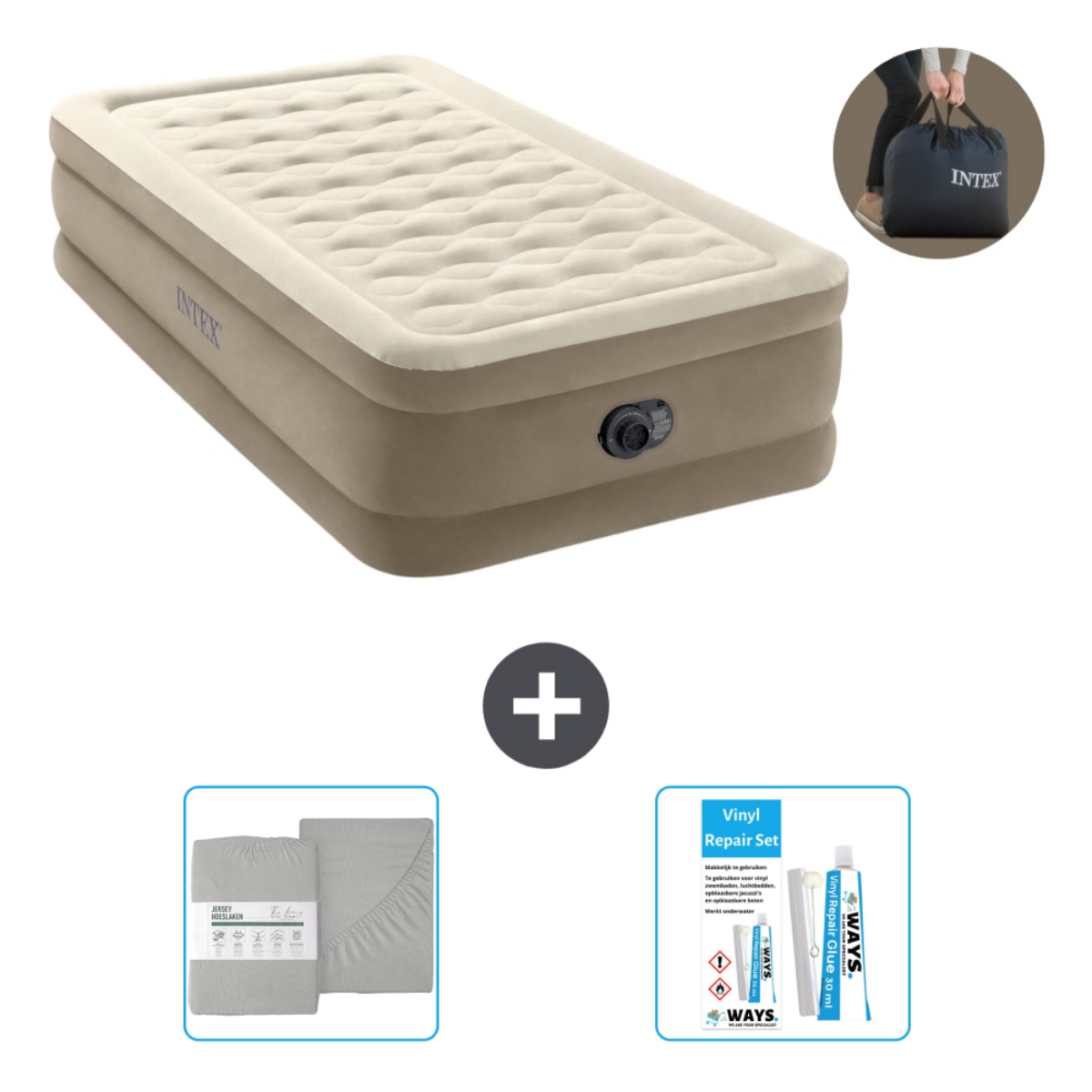 Beige luchtmatras, bruine randen, grijze lakenset, reparatieset en draagtas.