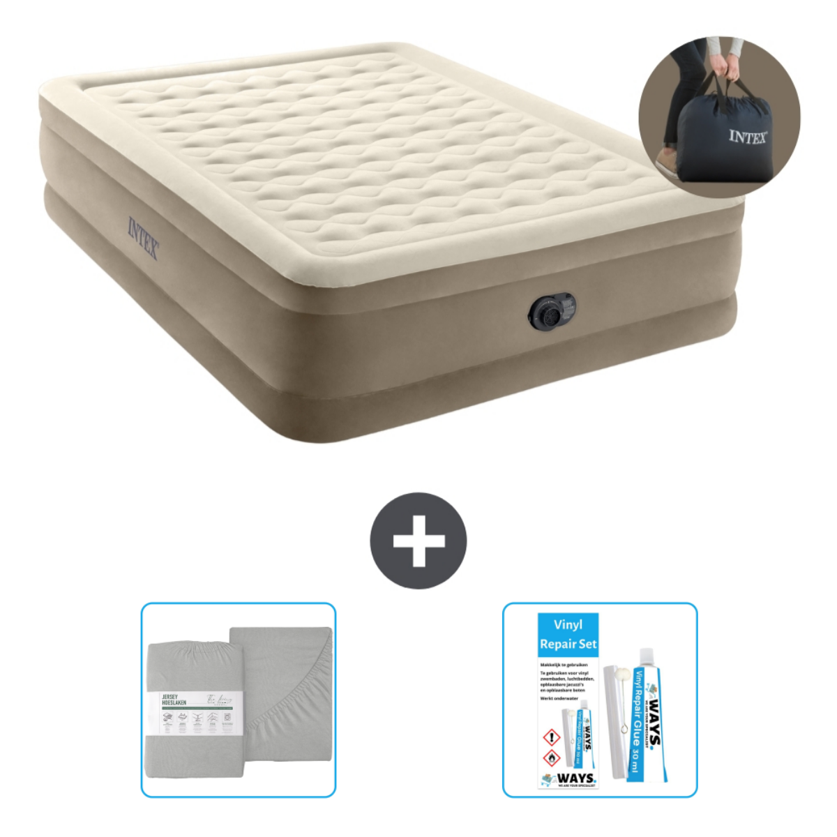 Matelas gonflable Intex beige avec accessoires: draps, kit de réparation et sac. Fond blanc.