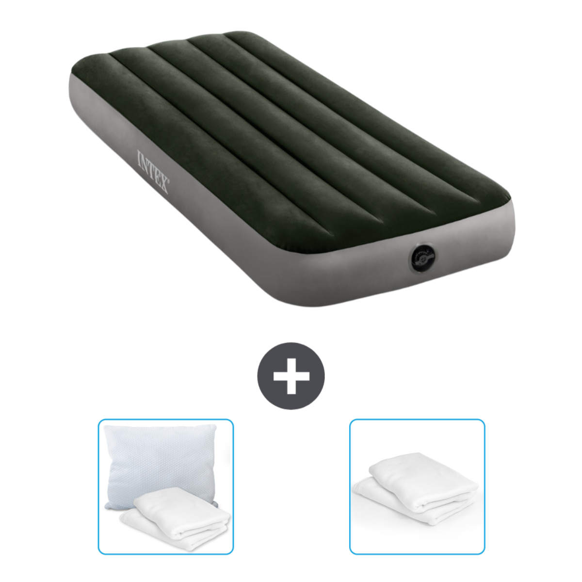 Matelas gonflable vert foncé, oreiller, couverture et ensemble de draps. Couleurs : vert foncé et blanc.