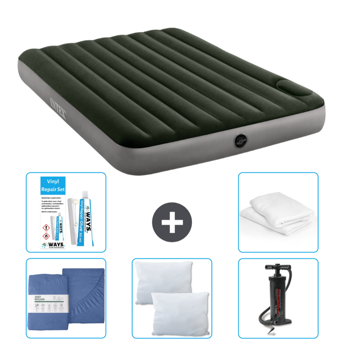Een groen opblaasbed met een lakenpakket, een reparatieset, kussens en een pomp. Een plus geeft extra items aan.