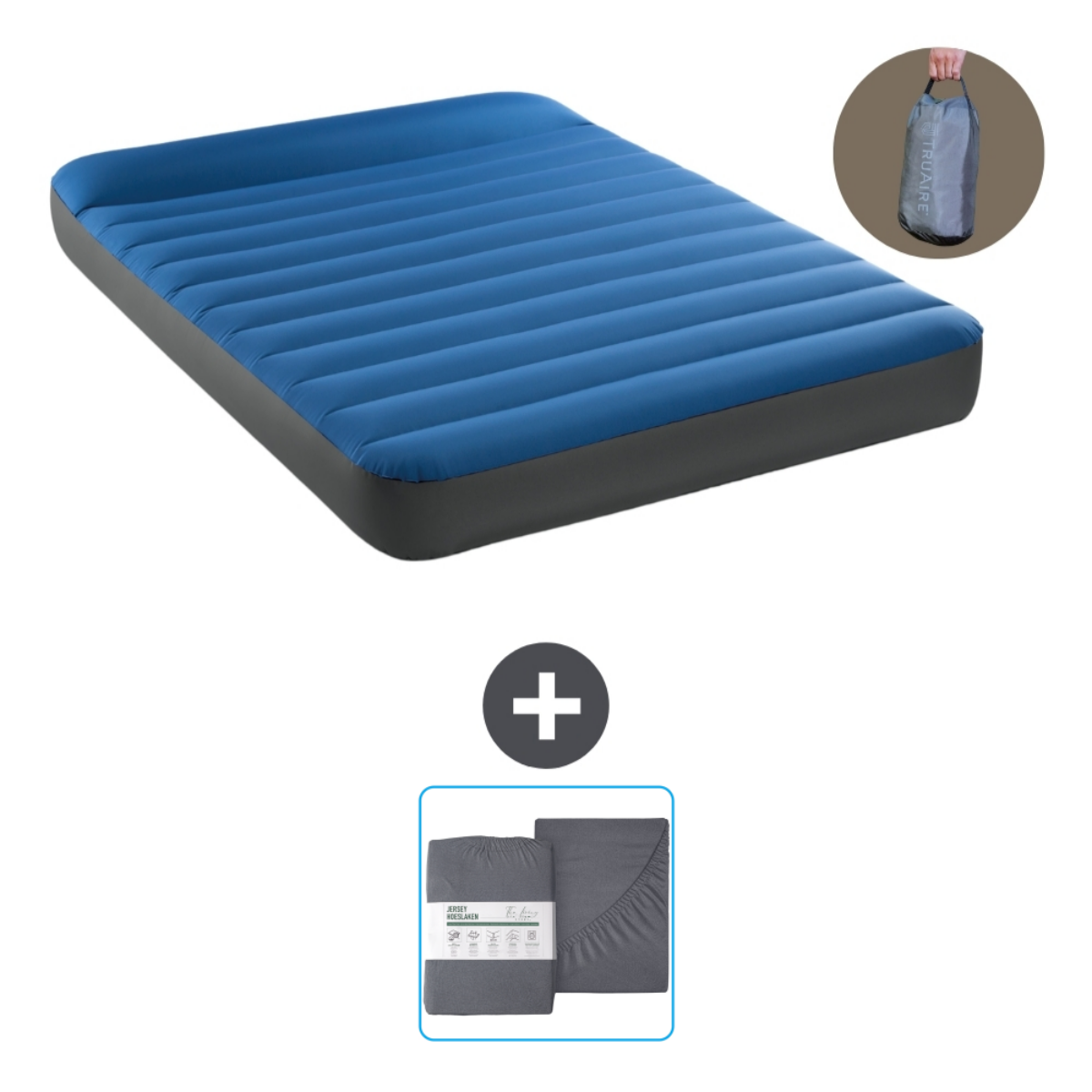 Ensemble matelas gonflable bleu et gris avec sac de transport gris et ensemble de draps.