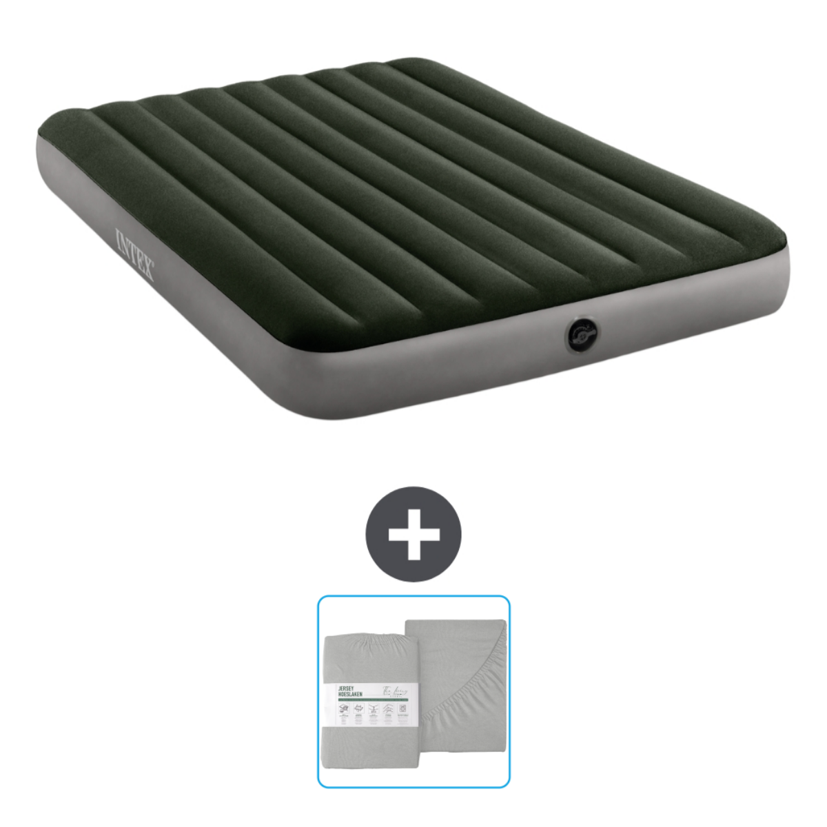 Matelas pneumatique vert foncé avec draps gris. Inclut le signe plus.