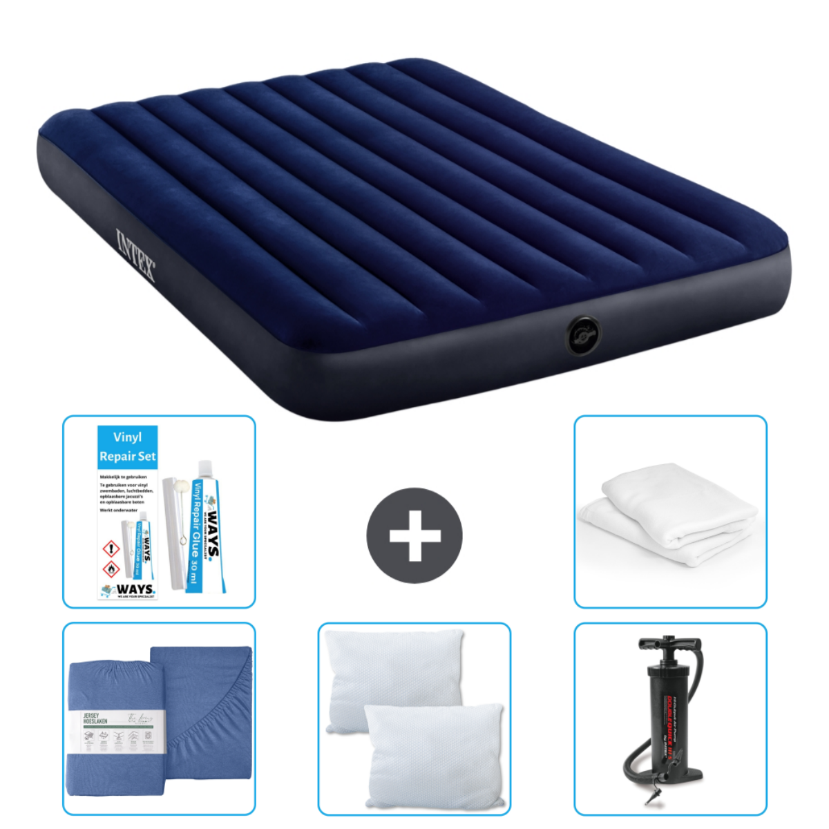 Matelas gonflable Intex bleu marine avec accessoires : kit de réparation, draps, oreillers et pompe manuelle.