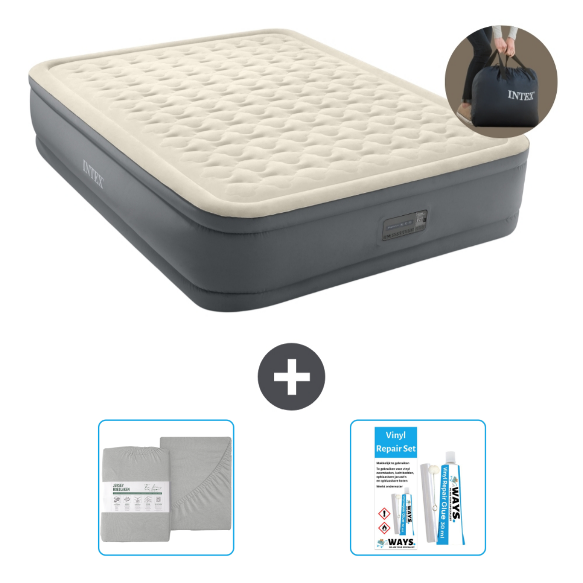 Grijs en beige luchtbed met grijze lakens, een reparatieset en een opbergtas.