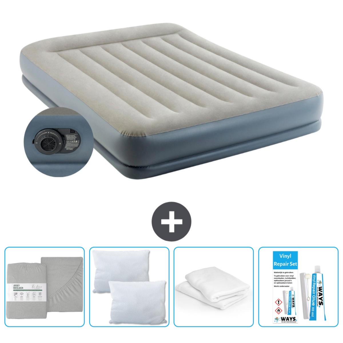Un lit pneumatique Intex avec draps, oreillers et kit de réparation sur fond blanc.