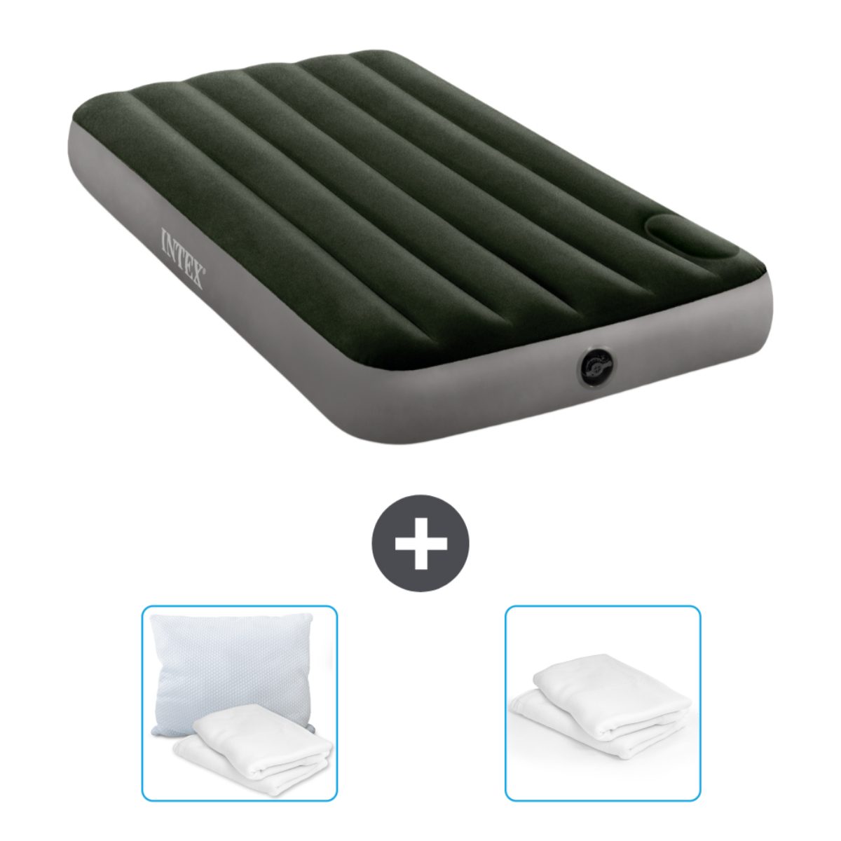 Matelas gonflable Intex vert foncé. Comprend oreillers et draps blancs pliés.
