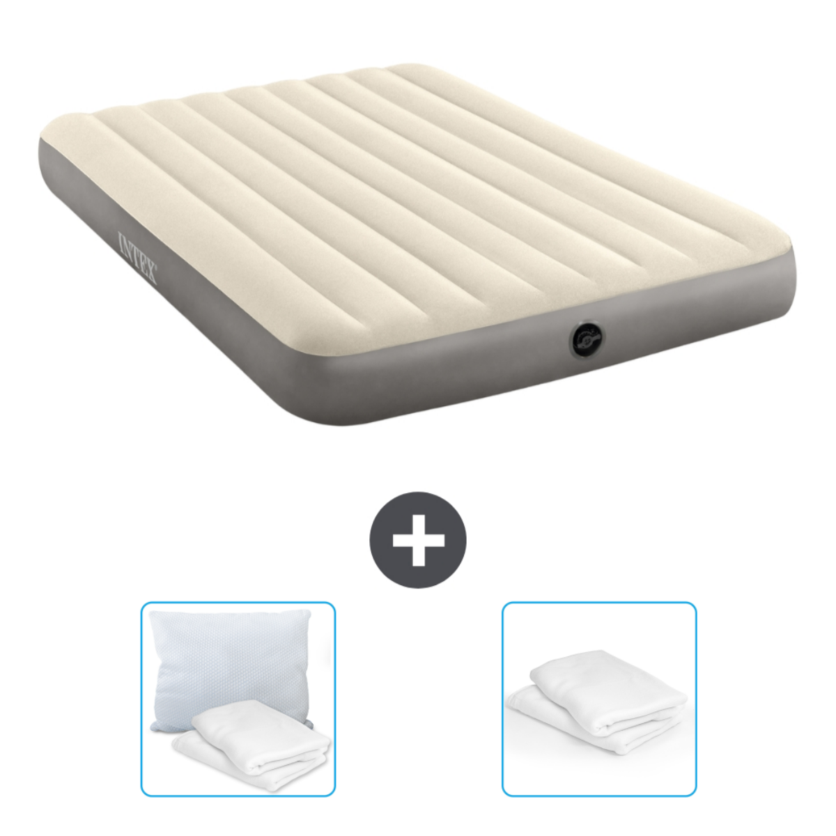 Matelas gonflable, oreiller, couverture et ensemble de draps. Couleurs : beige et blanc.