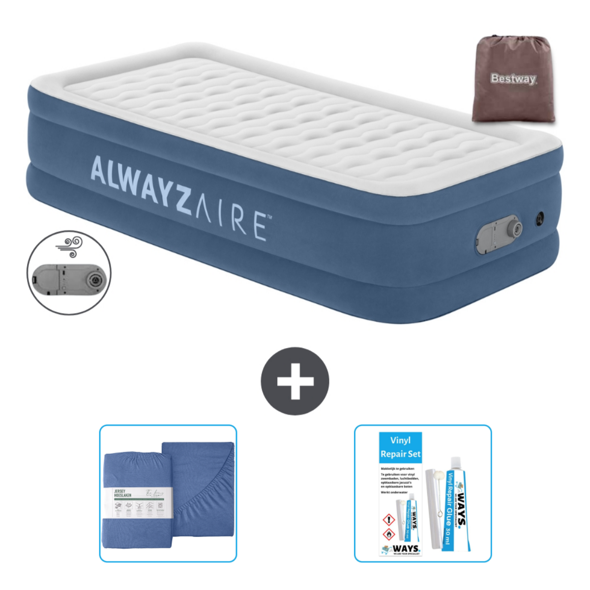 Blauw luchtmatras, blauwe lakenset, reparatieset en Bestway draagtas.