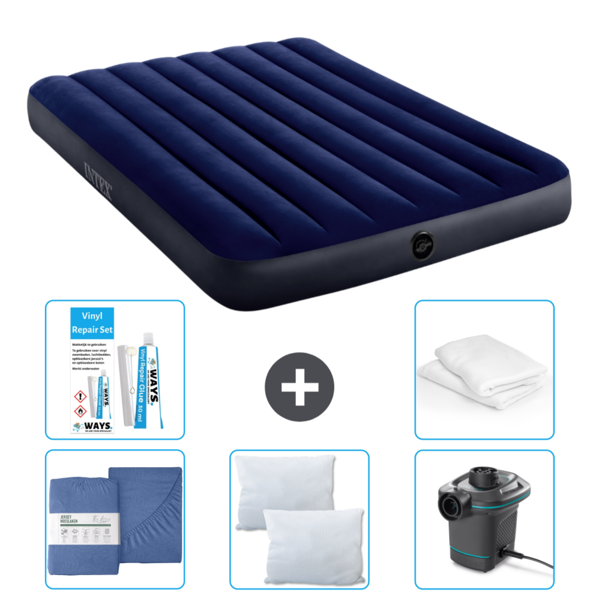 Een blauw opblaasbaar matras met een blauwe lakenset, een reparatieset, twee kussens en een pomp.