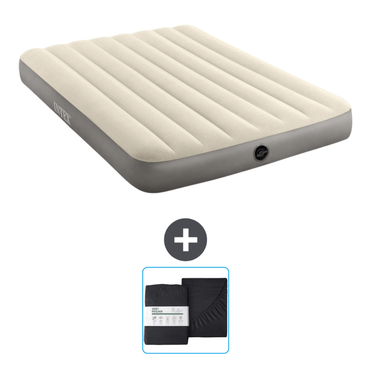 Beige luchtmatras, zwarte lakens. Een plusteken staat in het midden. Intex is erop gedrukt.