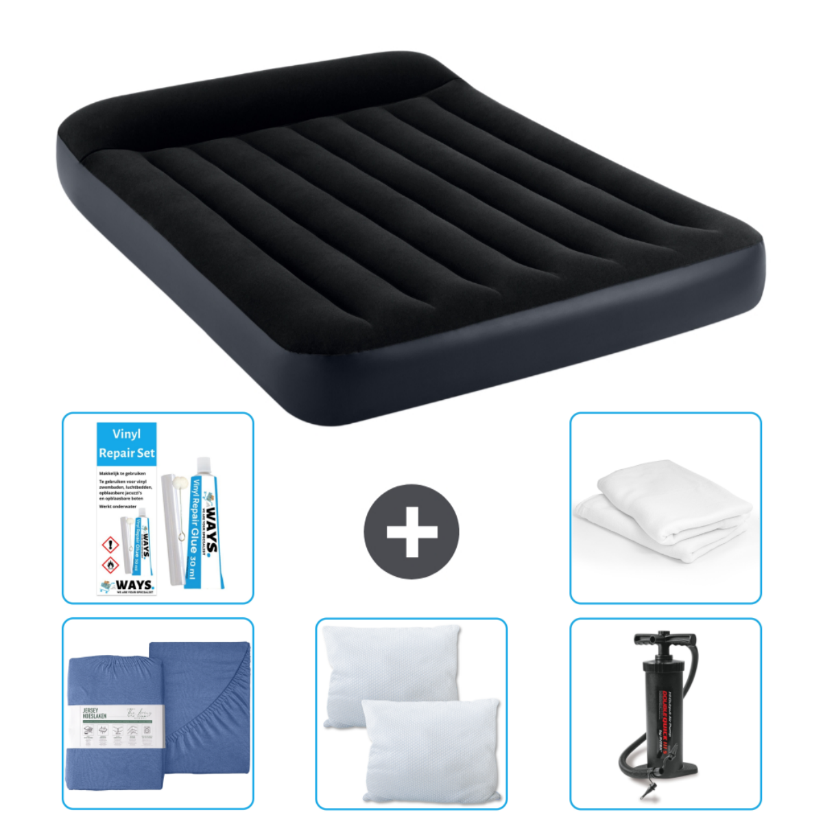 Zwart luchtbed met accessoires, inclusief lakens, kussens, een pomp en een reparatieset op een witte achtergrond.