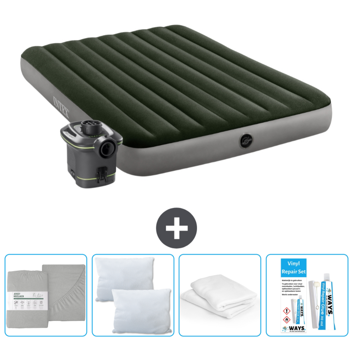 Matelas gonflable vert foncé avec une pompe, des draps gris, des oreillers et un kit de réparation.