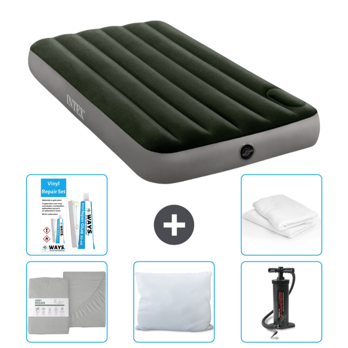 Groen luchtbed, reparatieset, twee kussens, pomp, lakens en een lakenset.