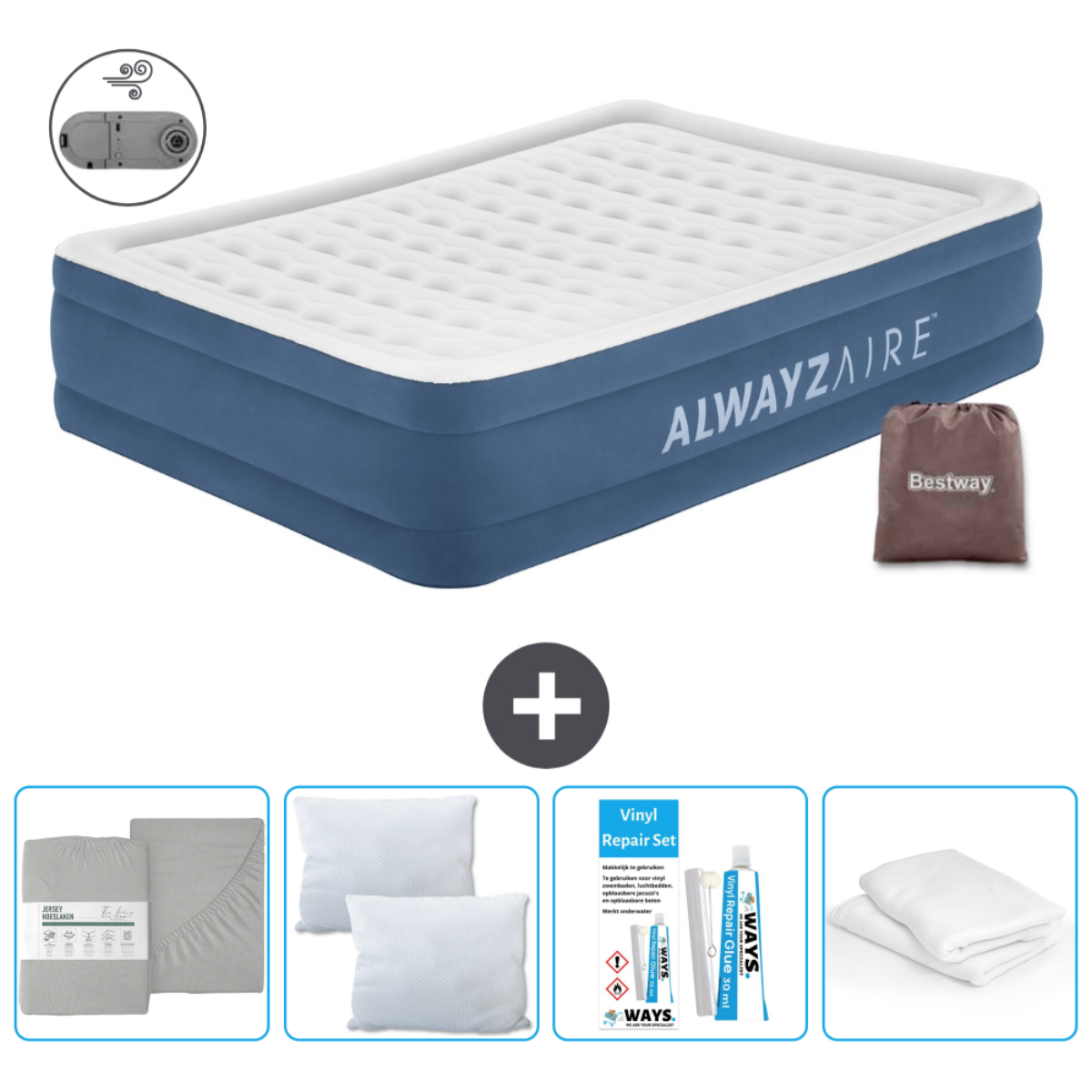 Blauw en wit opblaasbaar matras met accessoires, waaronder een pomp, lakenset, kussens en een kit.