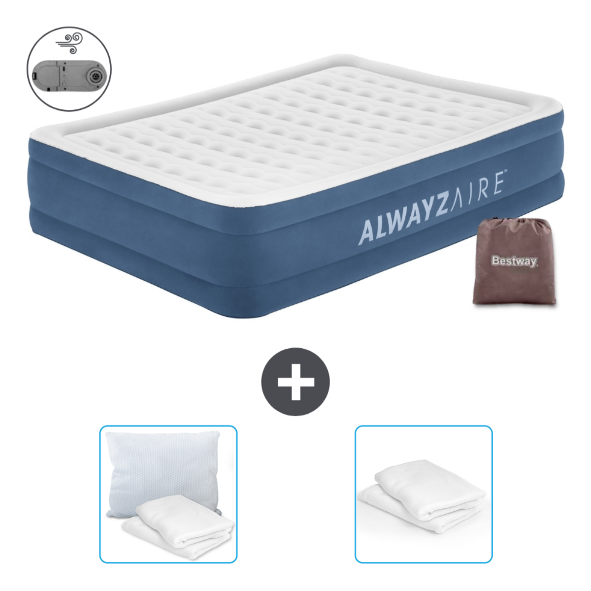 Een luchtmatras, kussen, handdoekenset en lakenset worden getoond. De matras is blauw met witte rand.