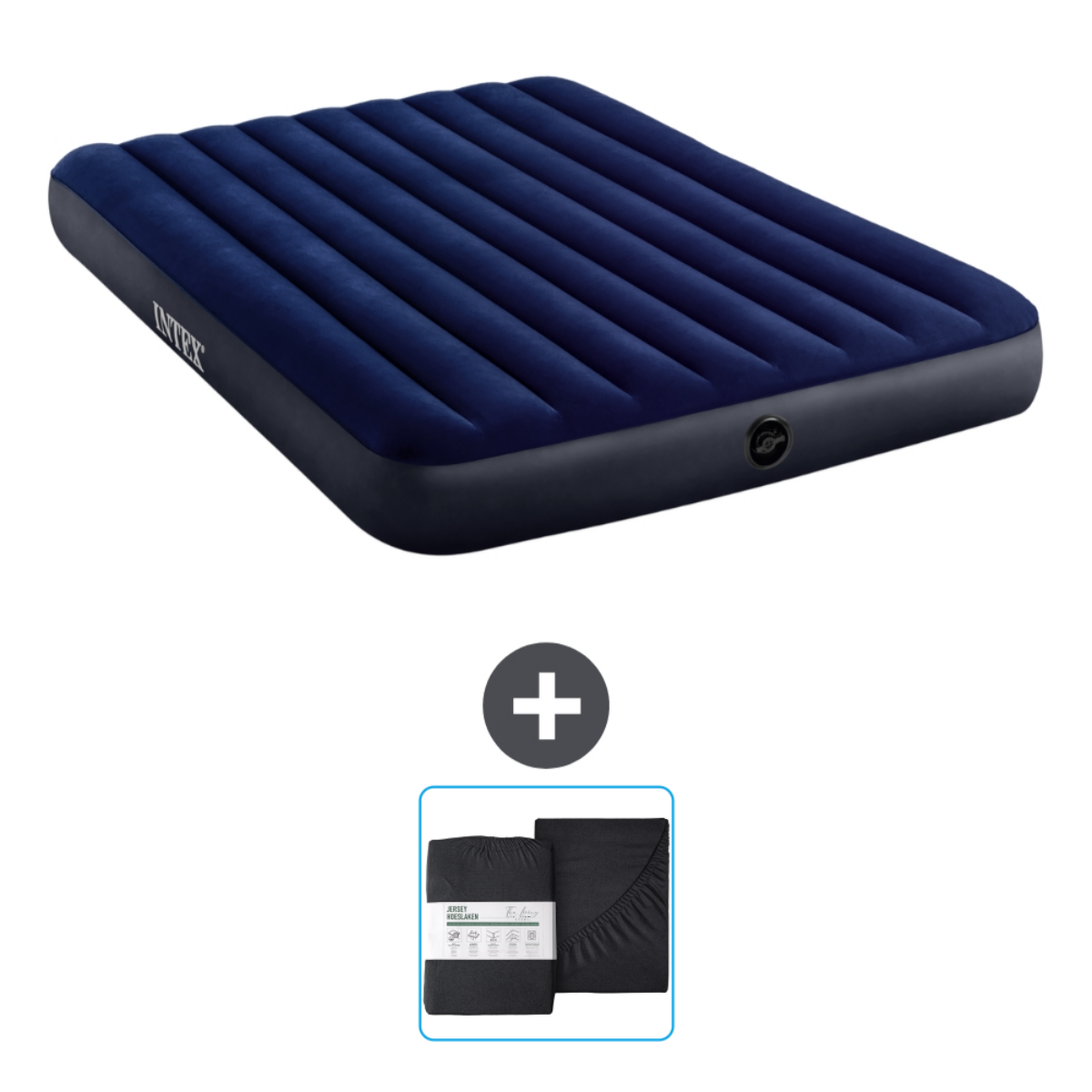 Matelas pneumatique bleu marine avec draps noirs.