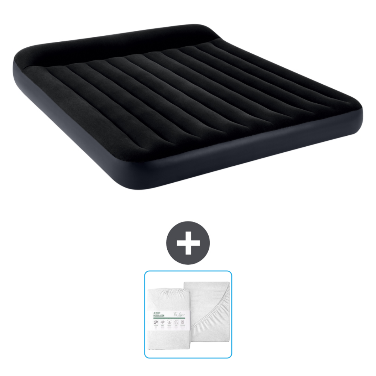 Matelas pneumatique noir et draps blancs. Un signe plus au milieu. Les draps sont pliés.