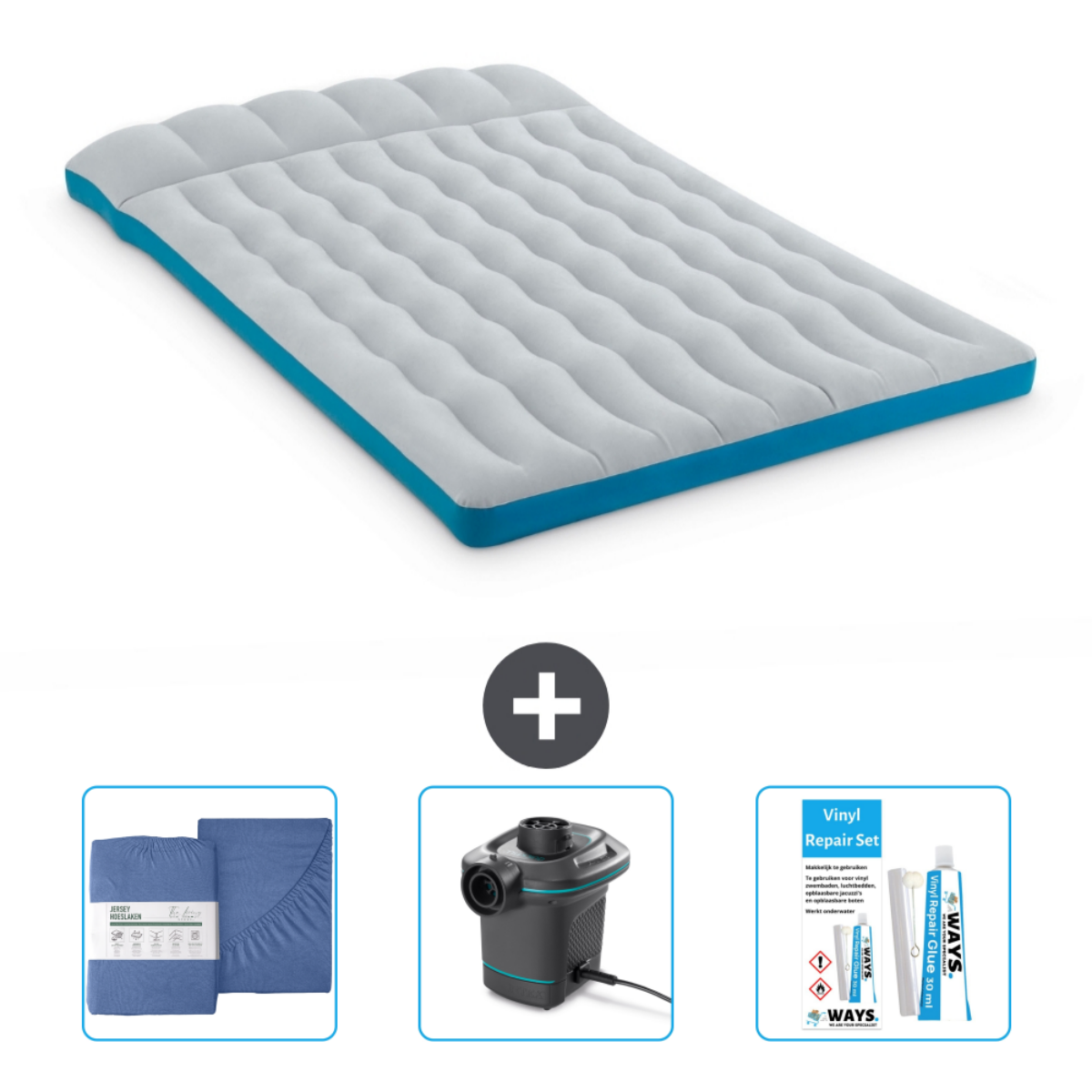 Grijs en blauw luchtmatras met blauwe lakens, een elektrische pomp en een reparatieset.